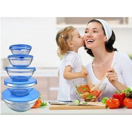 5 részes tálaló, üvegtál szett, műanyag fedőkkel