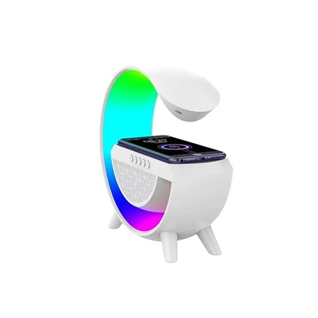 Multimédiás bluetooth hangszóró, FM rádió,vezeték nélküli QI töltőpad, AUX, RGB, LED relax lámpa