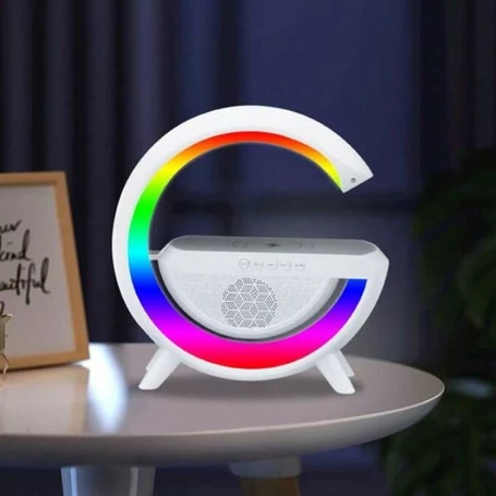 Multimédiás bluetooth hangszóró, FM rádió,vezeték nélküli QI töltőpad, AUX, RGB, LED relax lámpa