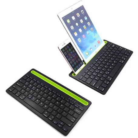 Univerzális kétcsatornás bluetooth billentyűzet telefon- és tablettartóval, fekete