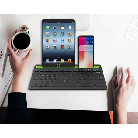 Univerzális kétcsatornás bluetooth billentyűzet telefon- és tablettartóval, fekete