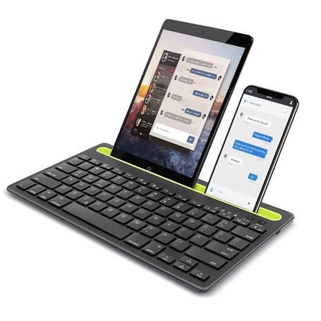 Univerzális kétcsatornás bluetooth billentyűzet telefon- és tablettartóval, fekete