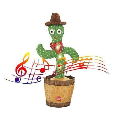 Interaktív visszabeszélő táncoló, zenélő, világító kaktusz, hangfelvétellel, barna kalappal, sállal, akkus