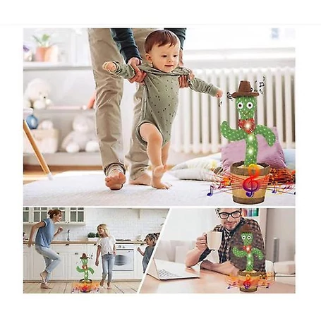 Interaktív visszabeszélő táncoló, zenélő, világító kaktusz, hangfelvétellel, barna kalappal, sállal, akkus