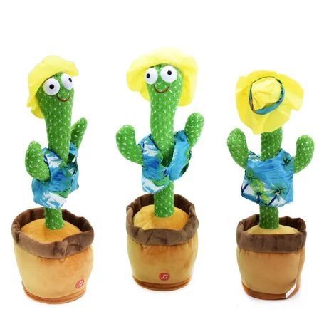 Interaktív visszabeszélő táncoló, zenélő, világító kaktusz, hangfelvétellel, Hawaii inggel, akkus, USB kábellel