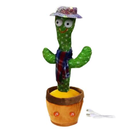 Interaktív visszabeszélő táncoló, zenélő, világító kaktusz, hangfelvétellel, lila kalappal, sállal, akkus