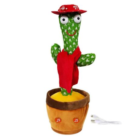 Interaktív visszabeszélő táncoló, zenélő, világító kaktusz, hangfelvétellel, piros kalappal, sállal, akkus