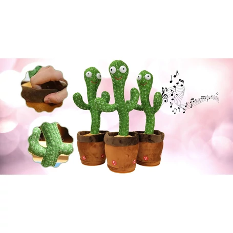 Interaktív visszabeszélő, táncoló, zenélő, világító kaktusz, hangfelvétellel, akkus, USB kábellel