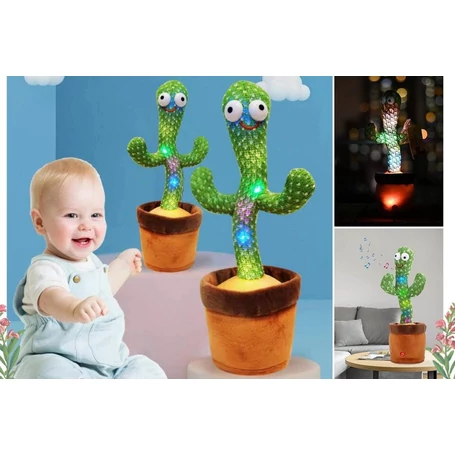 Interaktív visszabeszélő, táncoló, zenélő, világító kaktusz, hangfelvétellel, akkus, USB kábellel