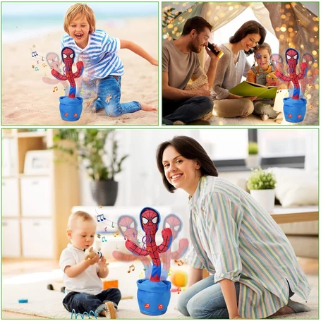 Interaktív visszabeszélő táncoló, zenélő, világító kaktusz, hangfelvétellel, Pókember mintázattal