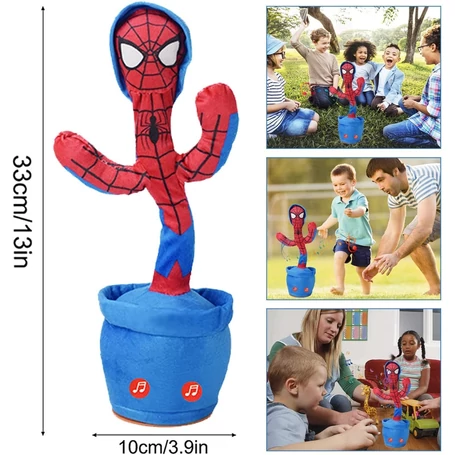 Interaktív visszabeszélő táncoló, zenélő, világító kaktusz, hangfelvétellel, Pókember mintázattal