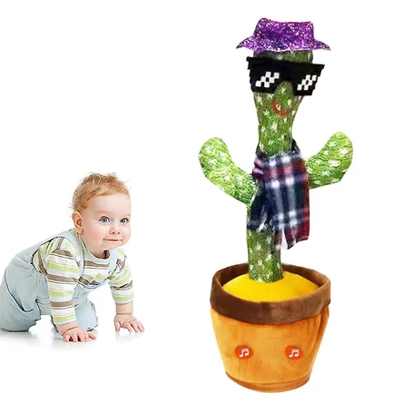 Interaktív visszabeszélő táncoló, zenélő, világító kaktusz, hangfelvétellel, napszemüveges, akkus, USB kábellel