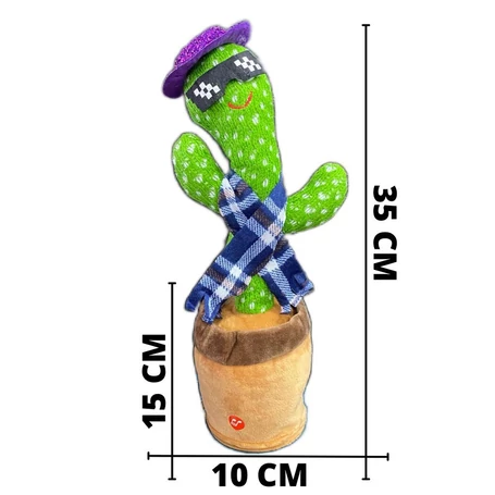 Interaktív visszabeszélő táncoló, zenélő, világító kaktusz, hangfelvétellel, napszemüveges, akkus, USB kábellel