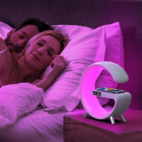 Multimédiás bluetooth hangszóró, vezeték nélküli QI töltőpad, RGB, LED relax lámpa, fehér