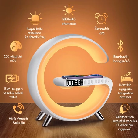 Multimédiás bluetooth hangszóró, vezeték nélküli QI töltőpad, RGB, LED relax lámpa, fehér