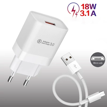 USB 3.0 gyorstöltő készlet 18W teljesítmény, 3.1A töltőáram + microUSB kábel, fehér