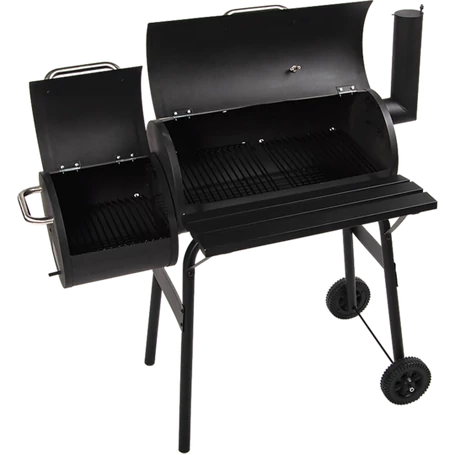 Értékcsökkent - Faszenes BBQ grill és smoker, kerti fém grillkocsi hőmérővel 93x30x102 cm