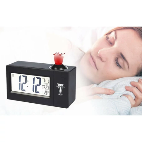 Projektoros, digitális LED ébresztőóra hangvezérléssel, naptár, hőmérséklet kijelzéssel, fekete