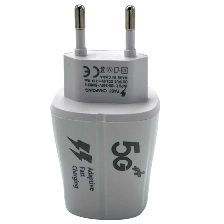 Gyorstöltő hálózati adapter, 3.1A töltőáram, 2 db USB csatlakozó, fehér