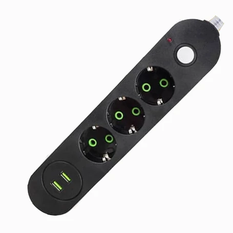 Kapcsolós hálózati elosztó 2db USB csatlakozóval és 3 db aljzattal, 1.8m vezetékkel