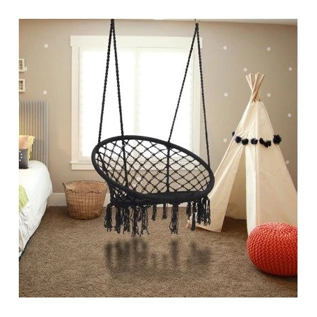 Makramé, fonott rojtos szövet függőszék, függőfotel, hintaszék - fekete