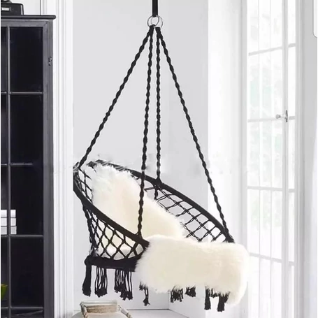 Makramé, fonott rojtos szövet függőszék, függőfotel, hintaszék - fekete