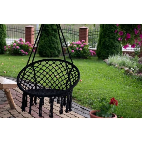 Makramé, fonott rojtos szövet függőszék, függőfotel, hintaszék - fekete