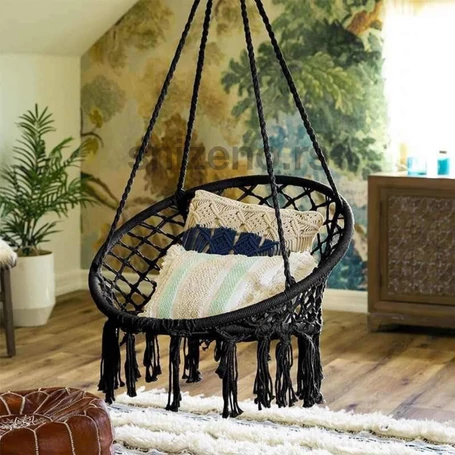 Makramé, fonott rojtos szövet függőszék, függőfotel, hintaszék - fekete