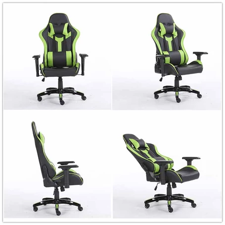 Gamer szék fej-és derékpárnával, állítható kartámasszal zöld-fekete színben