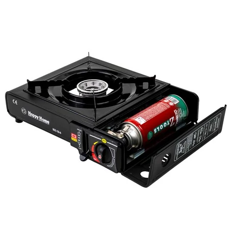Hordozható palackos kemping gázfőző, gázrezsó, gáztűzhely, műanyag tároló kofferben