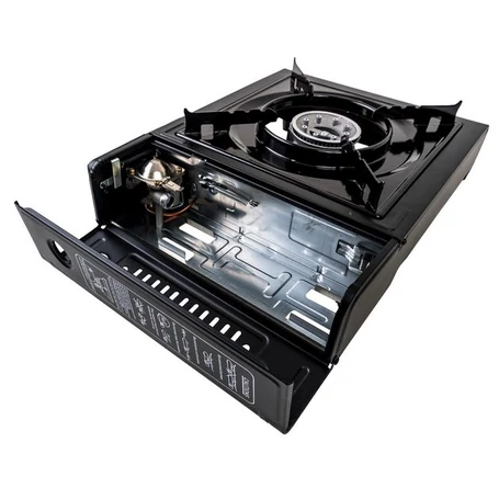 Hordozható palackos kemping gázfőző, gázrezsó, gáztűzhely, műanyag tároló kofferben