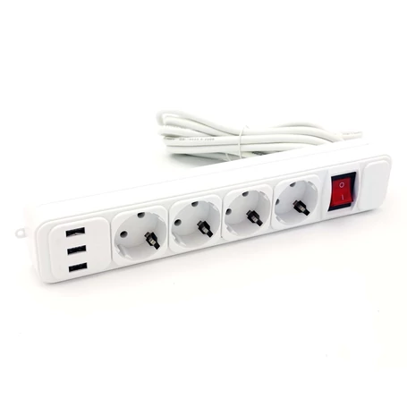 Kapcsolós 4-es asztali elosztó + 3 db USB port, hosszabbító, 16A 250V 3500W - 3 méter