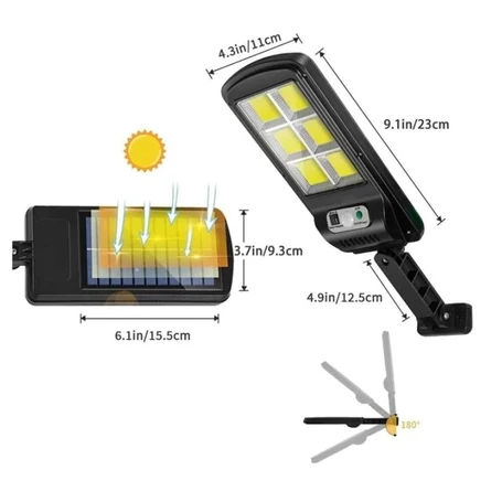 Napelemes COB LED lámpa mozgásérzékelővel, fali tartókonzollal, 180 W 