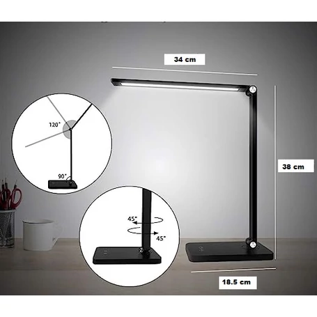 LED asztali lámpa, exkluzív, vezetéknélküli töltővel, USB csatlakozóval, fekete 