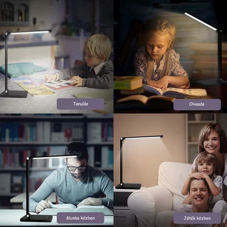 LED asztali lámpa, exkluzív, vezetéknélküli töltővel, USB csatlakozóval, fekete 