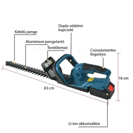 Kiyoshi akkumulátoros sövényvágó, 6000 mAh, 2 db 48V akkumulátorral és töltővel