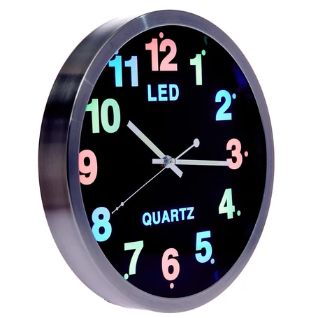 Fémkeretes analóg quartz falióra színes LED számlappal, 25.5 cm