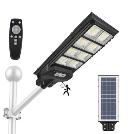 Extra fényerejű LED szolár utcai lámpa távirányítóval, mozgásérzékelővel, 500W