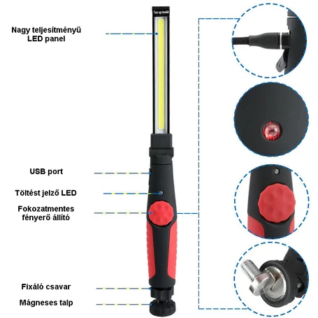 Állítható fényerejű forgatható-dönthető akkus mágneses szerelőlámpa