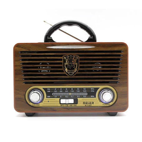 Meier bluetooth-os, USB és AUX csatlakozós FM/AM/SW hordozható rádió távirányítóval, sötétbarna