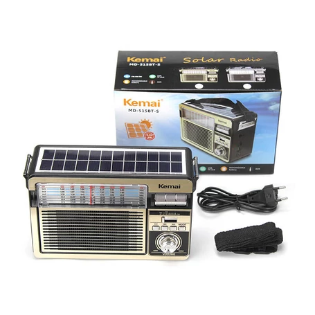 Hordozható akkumulátoros napelemes rádió, beépített LED lámpával és Bluetooth kapcsolattal, ezüst