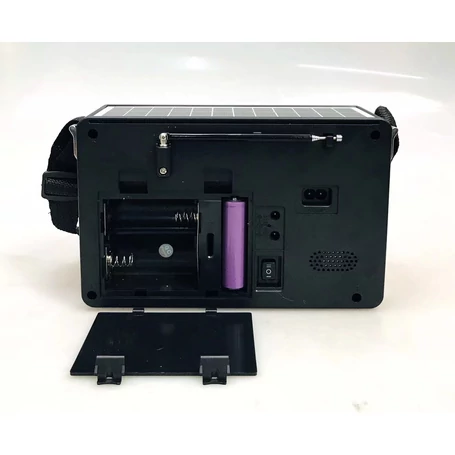 Hordozható akkumulátoros napelemes rádió, beépített LED lámpával és Bluetooth kapcsolattal, ezüst