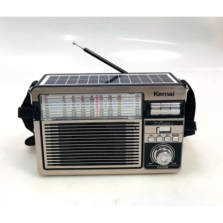 Hordozható akkumulátoros napelemes rádió, beépített LED lámpával és Bluetooth kapcsolattal, ezüst