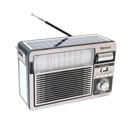 Hordozható akkumulátoros napelemes rádió, beépített LED lámpával és Bluetooth kapcsolattal, ezüst