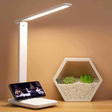 Állítható színhőmérsékletű és fényerejű asztali LED lámpa telefontartóval, 5W