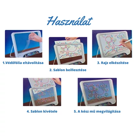 Varázslatos fejlesztő, világító, színes neon rajztábla gyerekeknek, 21x15cm