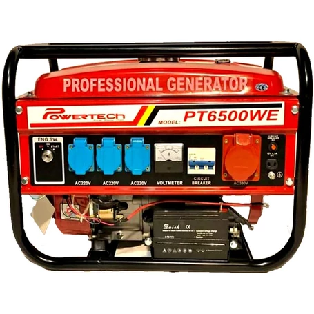 PowerTech PT6500WE benzinmotoros aggregátor, generátor, 3 fázisú áramfejlesztő önindítóval - 6500W