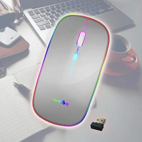 Akkumulátoros vezeték nélküli optikai egér, állítható dpi, RGB LED világítás, ezüst