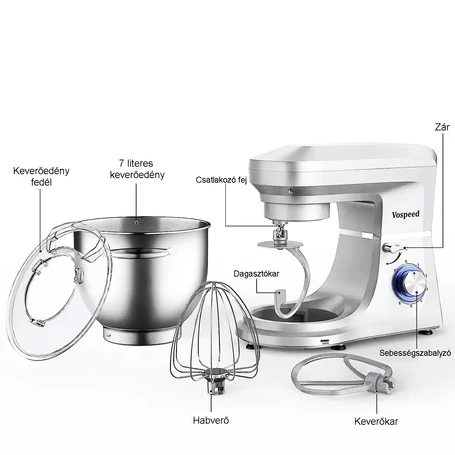 Vospeed konyhai robotgép, tésztadagasztógép, 6L, 1500W, SM-1507X, ezüst