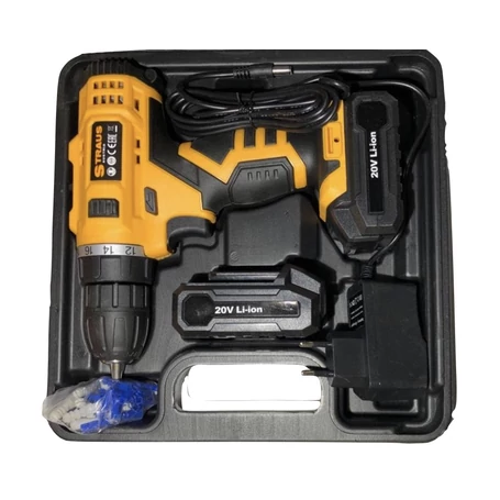 Értékcsökkent - Straus akkus fúrógép szett 2 db 20V-os Li-ion akksival + 58 db kiegészítővel ST/CD20-58L